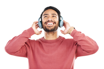 Music, headphones and happy asian man with good mood on isolated, transparent and png background. Smile, radio and male person with earphones for podcast, streaming or online subscription service