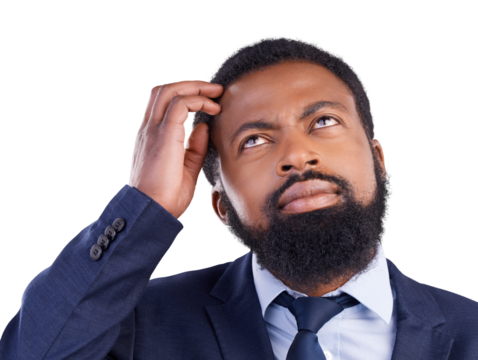 Remember, thinking and confused businessman with ideas, doubt and mindset for problem solving on transparent png background. Isolated black man, think of a memory or solution to business question