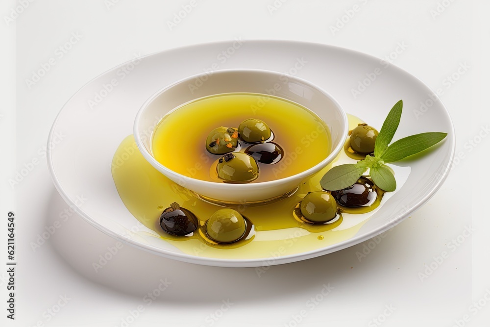 Canvas Prints dish of olives and olive oil on a white plate. generative ai