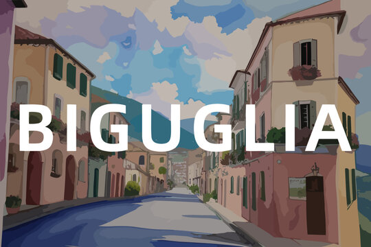 Beautiful watercolor painting of a French scene with the name Biguglia in Corsica