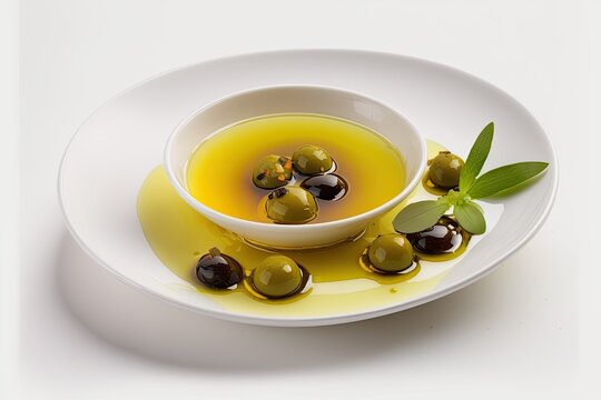 dish of olives and olive oil on a white plate. Generative AI