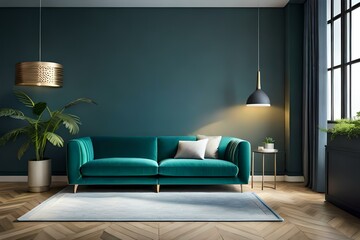 Modern living room interior with sofa and green plants,lamp,table on dark wall background. 3d rendering.