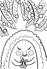Cute New Year's hedgehog surrounded by Christmas tree branches. Postcard for Christmas and New Year. Hedgehog with a gift in its paws.
