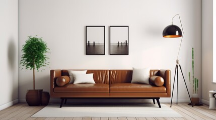 home interior house beautiful design brown finishing sofa modern style in white interior room mock up design daylight,generative ai