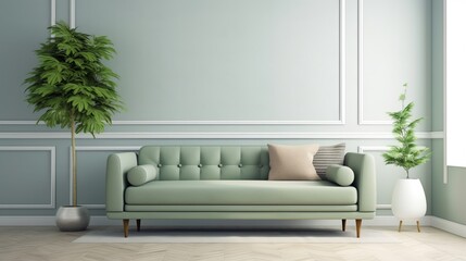 Green colour interior room with green color fabric sofa couch mock up interior house design concept front view perspective,generative ai