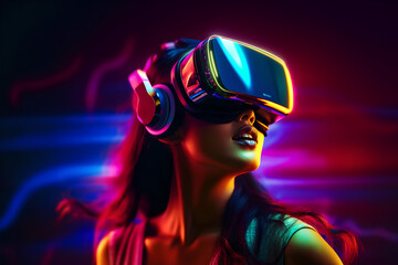 Young woman is using virtual reality headset. A person playing in VR games using VR glasses with trendy look and bright colors.