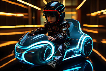 Fototapeta na wymiar baby driving tron style neon car