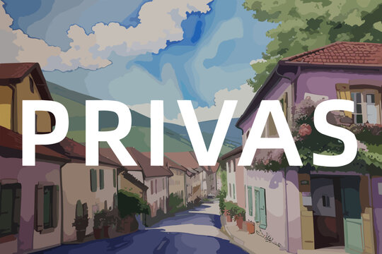 Beautiful watercolor painting of a French scene with the name Privas in Auvergne-Rh&ocirc;ne-Alpes