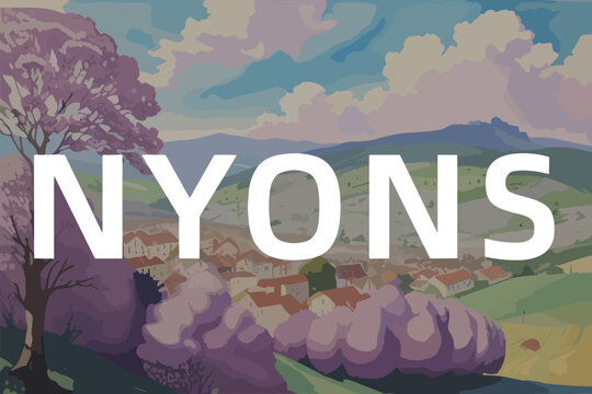 Beautiful watercolor painting of a French scene with the name Nyons in Auvergne-Rh&ocirc;ne-Alpes