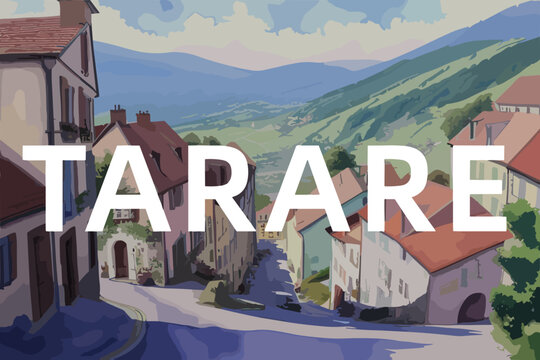 Beautiful watercolor painting of a French scene with the name Tarare in Auvergne-Rh&ocirc;ne-Alpes