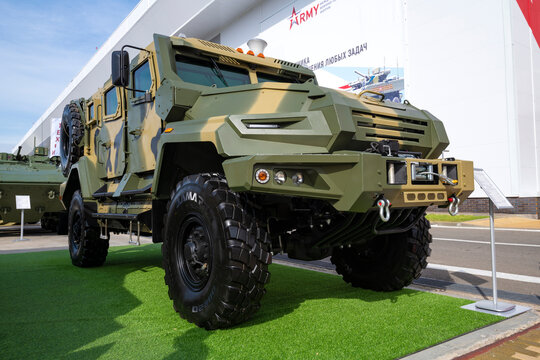 MOSCOW REGION, RUSSIA - AUGUST 19, 2022: The newest Russian armored car AMN 59097 "Spartak"  is a close up. International military forum "Army-2022", Patriot Park