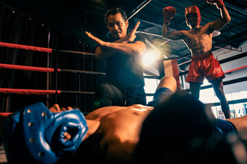 Boxing referee intervene, halting the fight to check fallen competitor after knock out. Referee pauses the action for boxer fighter's safety after KO with winner posing in background. Impetus
