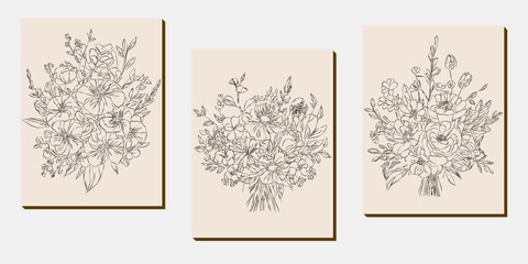 Flower bouquet line art, black and white floral set collection bundle handdrawn, branch, foliage, leaf minimal antique retro contemporary ink drawing for decor wedding invitation and poster card