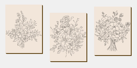 Flower bouquet line art, black and white floral set collection bundle handdrawn, branch, foliage, leaf minimal antique retro contemporary ink drawing for decor wedding invitation and poster card