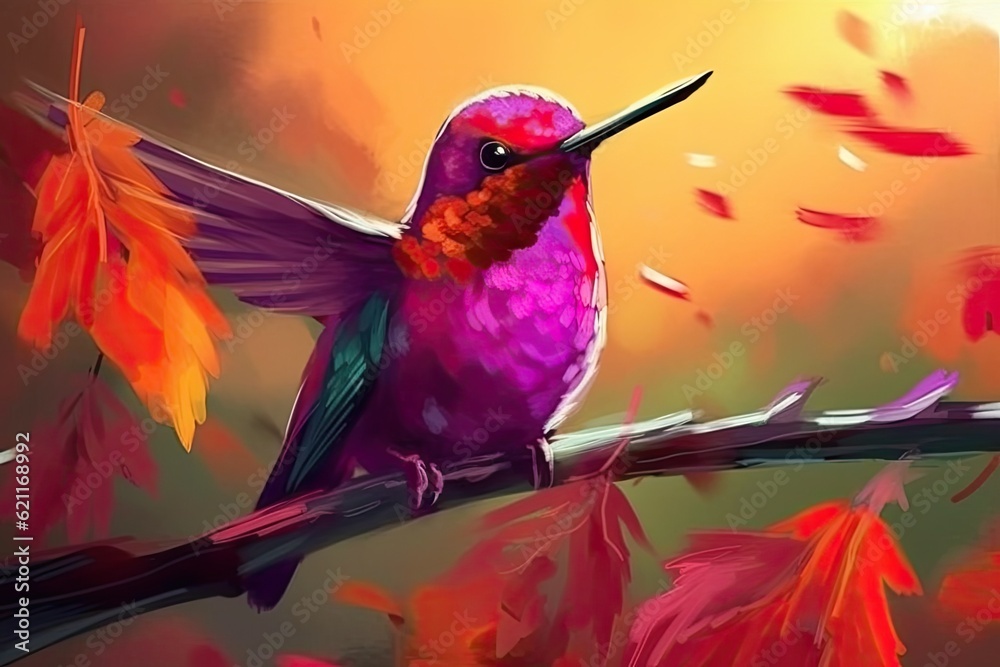 Canvas Prints Hummingbird Sitting on a Branch in a Colorful Painting. Generative AI