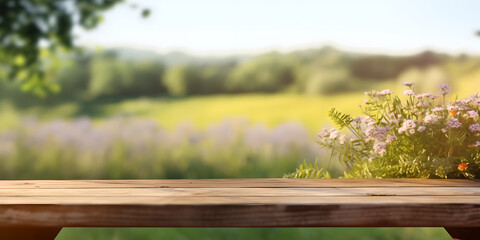 Naklejka premium empty wooden table top for products display with green spring meadow, Green grass, flowering trees. Outdoor recreation, healthy lifestyle, beauty of nature,
