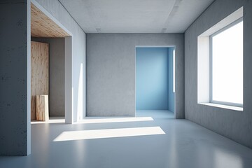 n empty room with a blue door and windows. Generative AI