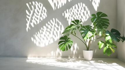 Minimal abstract white texture background for product presentation with Intricate Shadows and Natural Wall Vegetation