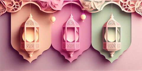 lantern ramadan islamic, eid mubarak  banner, paper cut 