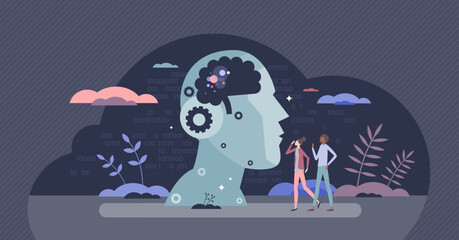 Artificial intelligence and AI as smart technology tiny person concept. Machine neural thinking and information processing as modern invention for human and robot partnership vector illustration.