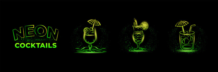 Green Neon linear cocktails icons set on black background. Neon bar sign for beach party or summer vacation banner.