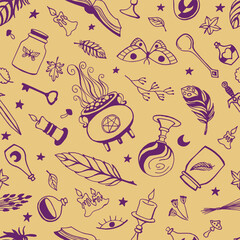 Seamless pattern with hand drawn magic tools, concept of witchcraft. Witchcraft, magic background for witches and wizards.