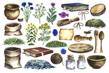 A set of medicinal herbs, chamomile and St. John's wort, tansy and cornflower, leuzea Dried, crushed in a linen bag, in glass and wooden bottles. Old recipe book. watercolor hand drawn illustration.