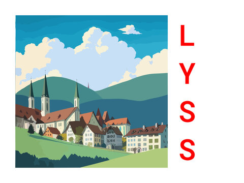 Lyss: Vintage artistic travel poster with a Swiss scenic panorama and the title Lyss