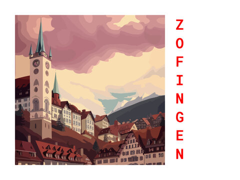 Zofingen: Vintage artistic travel poster with a Swiss scenic panorama and the title Zofingen