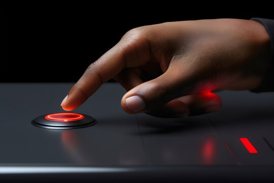 poc hand pushing glowing red button on metal surface, made with generative ai