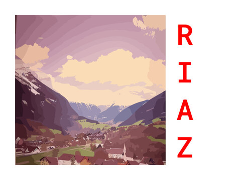 Riaz: Vintage artistic travel poster with a Swiss scenic panorama and the title Riaz