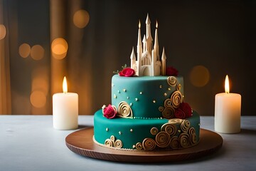 beautiful  birthday cake with candle generated by AI tool 