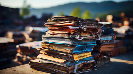Cardboard waste pile stacked on a landfill. Recycled paper or reuse concept