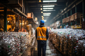 Engineer Standing and looking back The plastic bottle in the recycling industry - obrazy, fototapety, plakaty