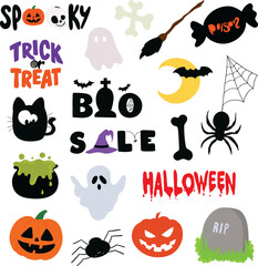 Fototapeta premium Hand drawn Halloween icons such as pumpkin, trick or treat, spider, bat, ghost, witch broom, skull, tombstone for cartoon character, stickers, campaign logo, decoration, cute patches, plush toy, ads
