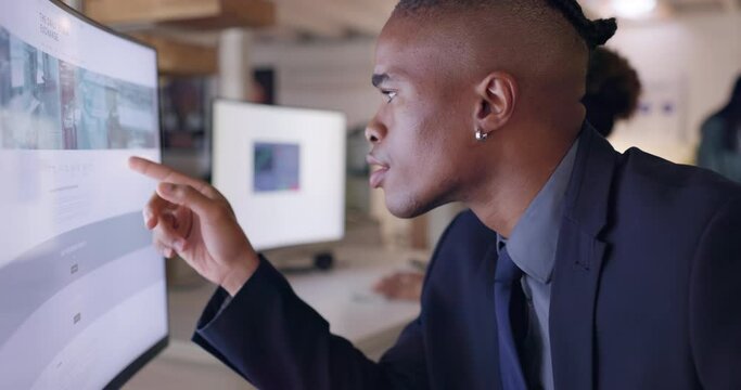 Computer screen, business man and thinking or serious while pointing for research or problem solving. Tech, website and planning with an African male employee reading info online for data analytics