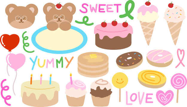 Teddy bear and sweet dessert icons including birthday cakes, ice cream, cupcakes, candy, donuts and pancakes. They can be used for stickers, logo, banner decoration, post, print, ads, recipe, etc.