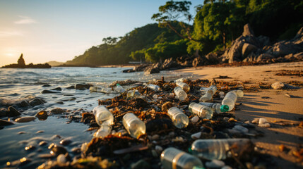 Plastic water bottles pollution on the beach (Environment concept) - obrazy, fototapety, plakaty