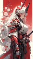 futuristic mecha suit in the sakura style samurai design, anime style fantasy character design concept. generative AI 