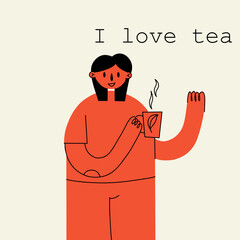 Woman with Tea. Modern colorful minimal character, takeaway glass. Warm beverage happy lover, girl drinking matcha, contemporary card or poster, social media banner vector cartoon illustration