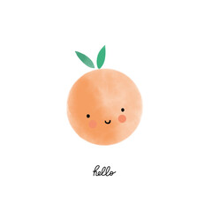 Watercolor fruit. Cute cartoon character with eyes and smiles, peach or orange, Hand drawn lettering. Childish nursery and textile decor. T-shirt print, card or wall poster. Vector illustration