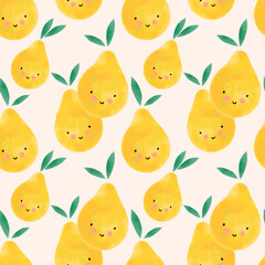 Watercolor fruit seamless pattern. Cute cartoon character with eyes and smiles, happy pear. Childish nursery and textile decor. T-shirt print, wrapping paper, wallpaper design vector illustration
