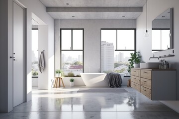 Fototapeta na wymiar modern bathroom with a bathtub and large window for natural lighting. Generative AI
