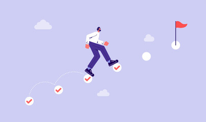 Project tracking, goal tracker, task completion or checklist to remind project progress concept, businessman running on completed checkbox to reach goal