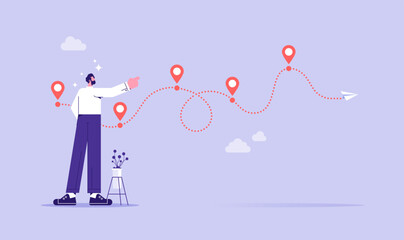 Business journey path in progress to success vector illustration, businessman  throw paper plane, Paper plane flying. Concepts of business start-up and the way forward