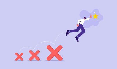 Failed to success, using failure to be lesson learn to achieve business success concept, businessman jumping on many time of failures to reach success star
