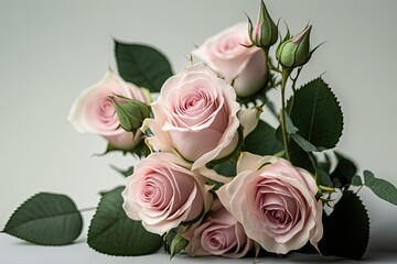 beautiful bouquet of pink roses with green leaves. Generative AI