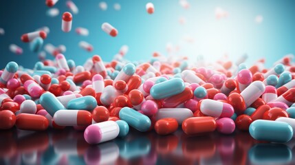 Falling Antibiotic Pill Capsules 3D Medical Illustration in Healthcare Background