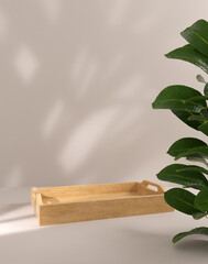 Photo 3d rendering mockup wood podium tropic plant beige color background