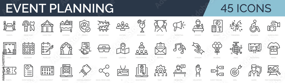 Wall mural set of 45 outline icons related to event planning, organisation. linear icon collection. editable st